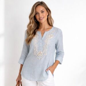 100% Linen Brooks Brothers Costal Embroidered Blouse in Sky Blue